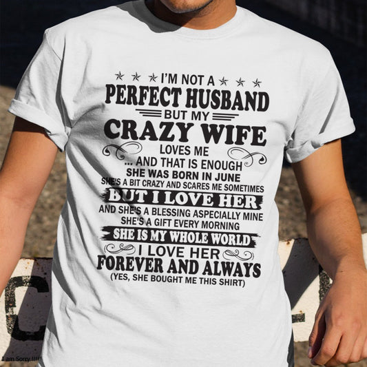 I'm Not A Pefect Husband But My Crazy Wife Loves Me T-Shirt – Birthday Gift From June Wife / Woman - TIEN06 (SKU12-243-06)