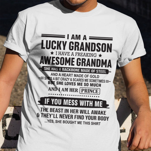 I Am A Lucky Grandson T-Shirt – Birthday Gift From Grandma / Woman - TIEN00 (SKU11-29-00)