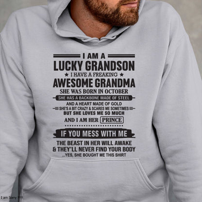 I Am A Lucky Grandson T-Shirt – Birthday Gift From October Grandma / Woman - TIEN10 (SKU11-29-10)