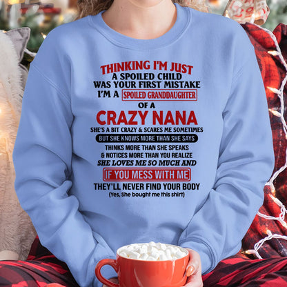 SPOILED GRANDDAUGHTER OF A CRAZY NANA T-SHIRT - From grandma to granddaughter - TIEN00 (SKU07-129-00)