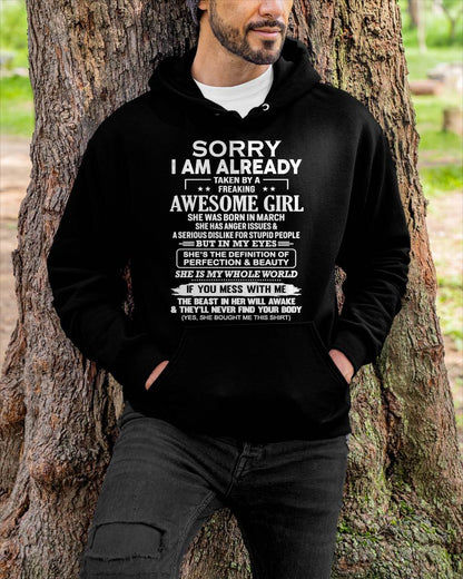 March – Sorry I Am Already Taken By A Freaking Awesome Girl – Gift For Your Boyfriend, Husband From Wife – DOAN03 (SKU10-170-03)