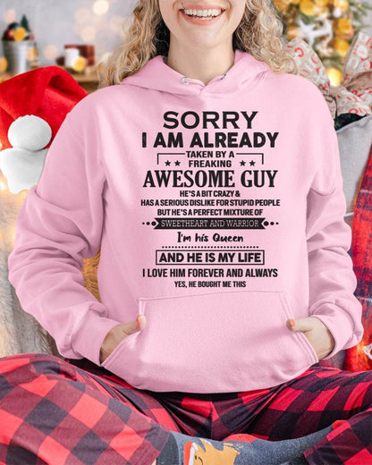 Sorry I Am Already Taken By A Freaking Awesome Guy  - Gift For Your Girlfriend, Wife From Husband - DOAN00 (SKU09-DOAN-00)